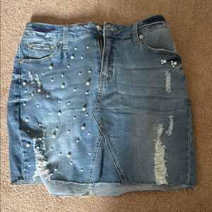 Denim Skirt with Pearl Accents
